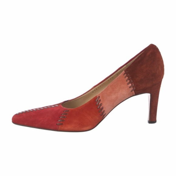 Vtg Salvatore Ferragamo Red & Burgundy Suede Colorblock Patchwork Heels Size 8 - Picture 1 of 12